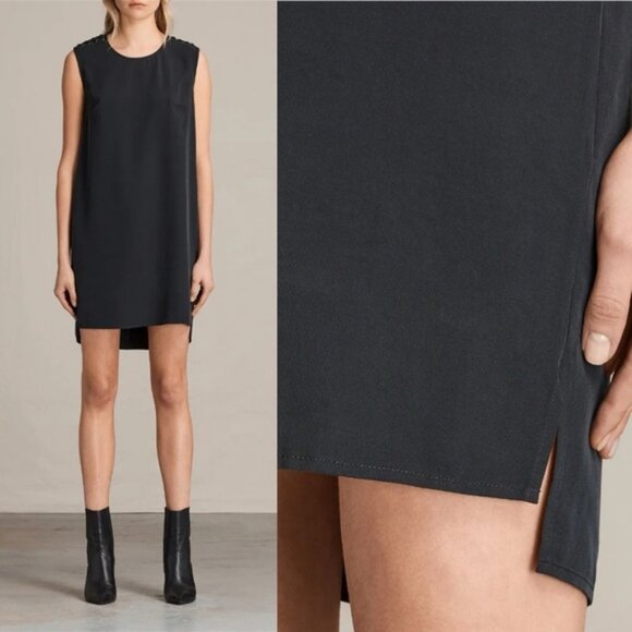 Allsaints Kaili Black Laced Dress Size 2 Shift Minimalist Split 100% Modal Mini - Picture 14 of 14